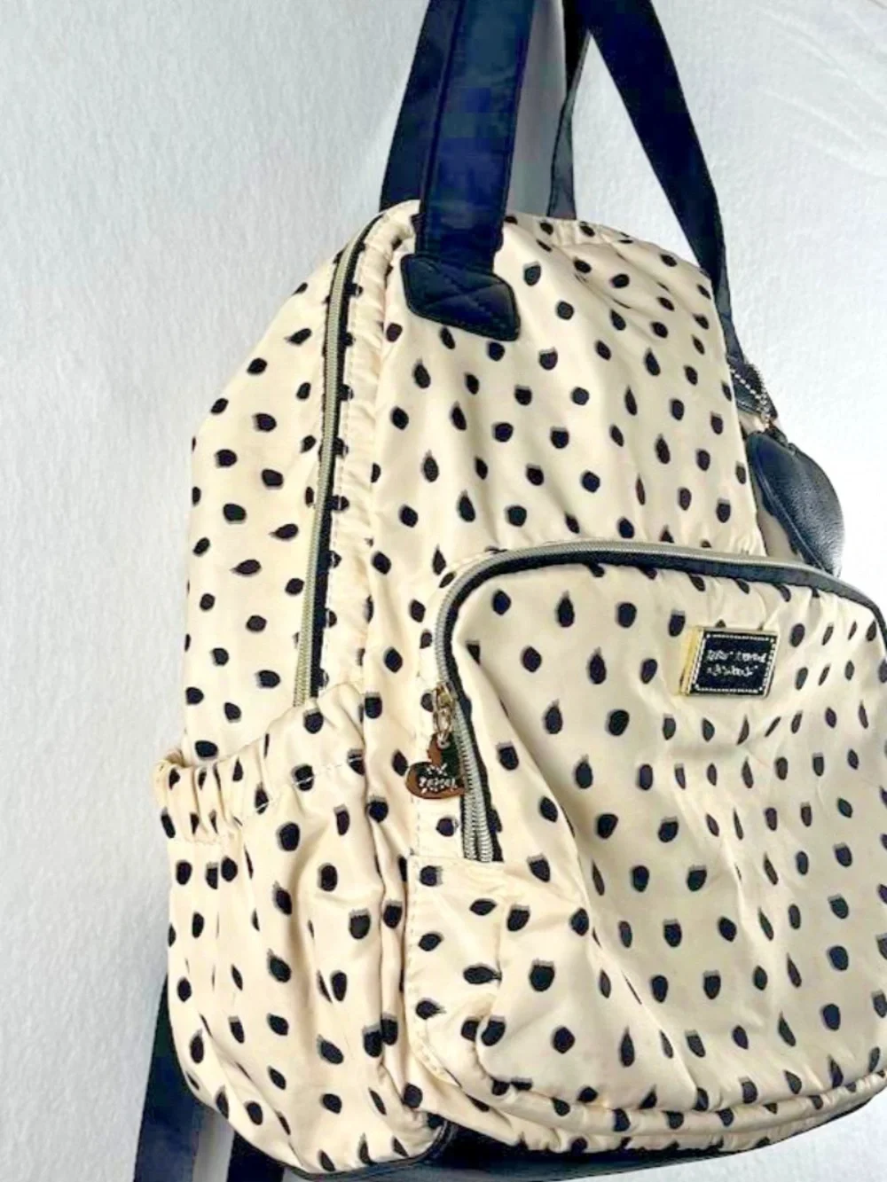 Betsey Johnson Cream Black Polka Dot Nylon Backpack Purse Heart Charm College